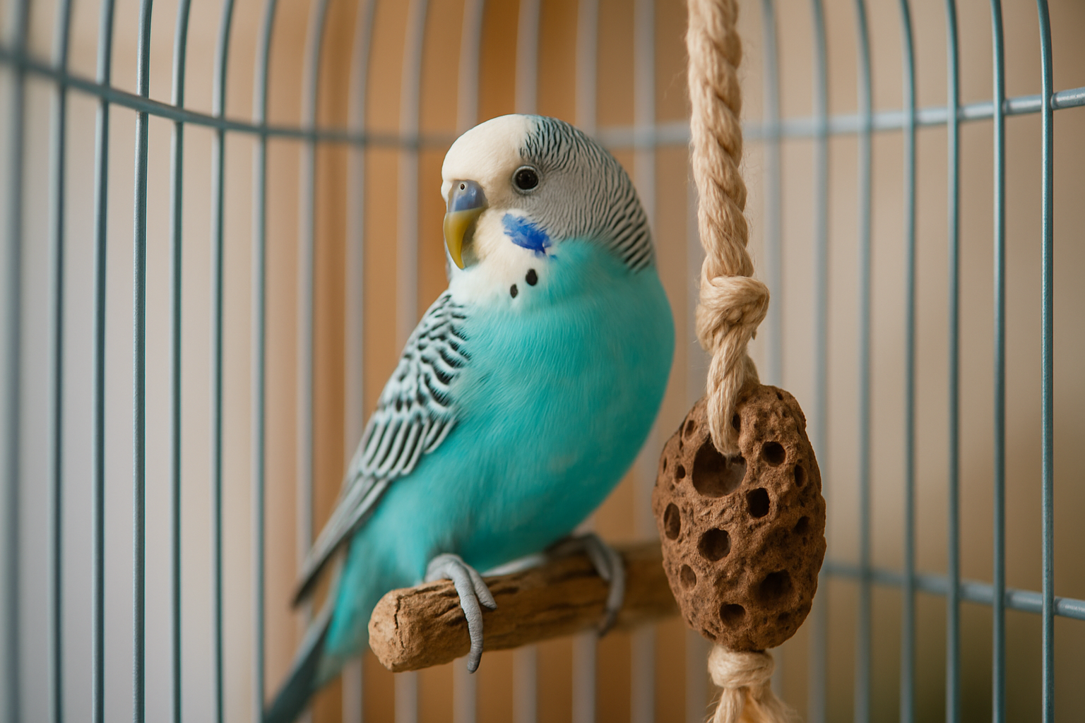 Blue parakeet perched on a swing in a bright cage.