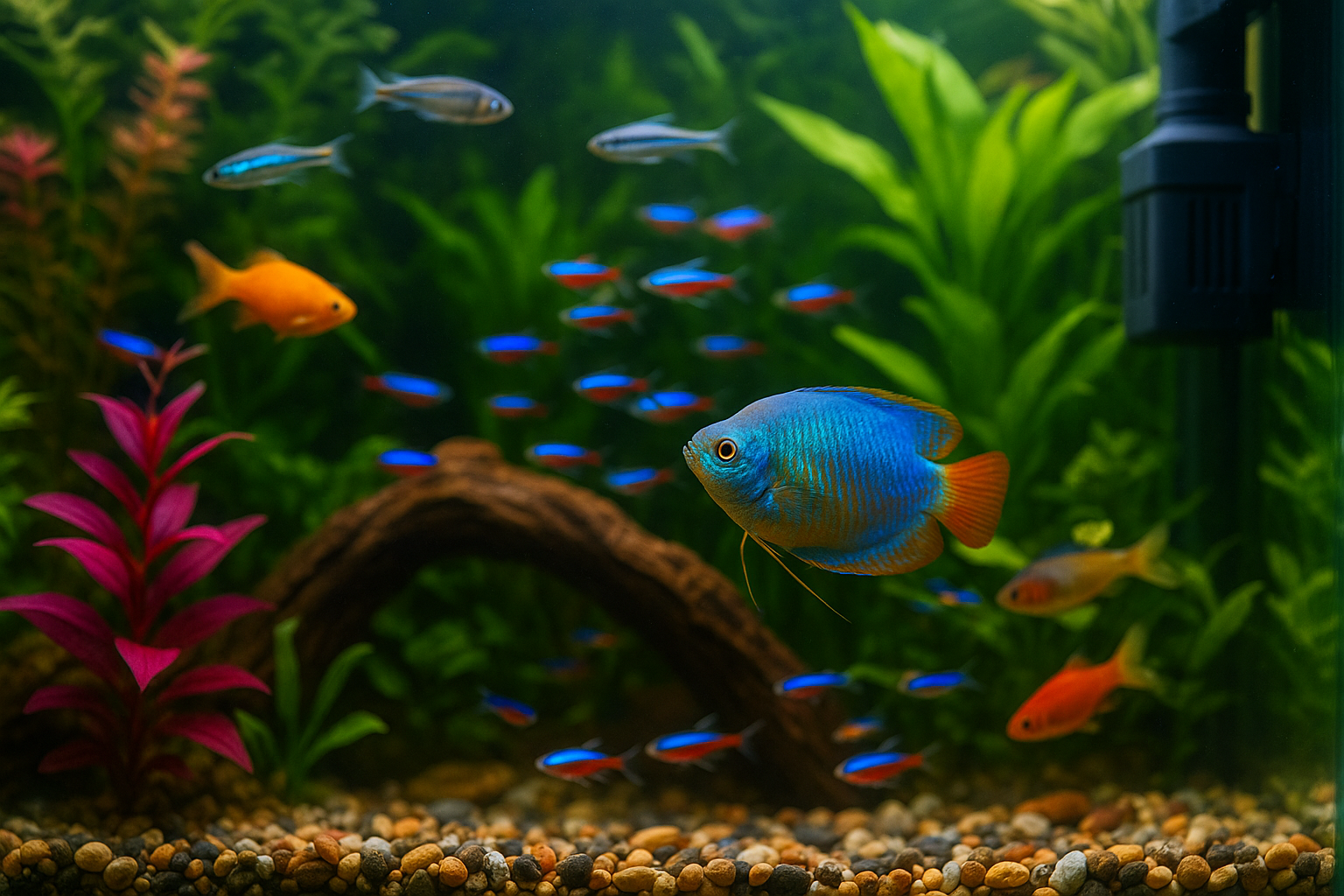 Colorful freshwater fish swimming in a planted aquarium.