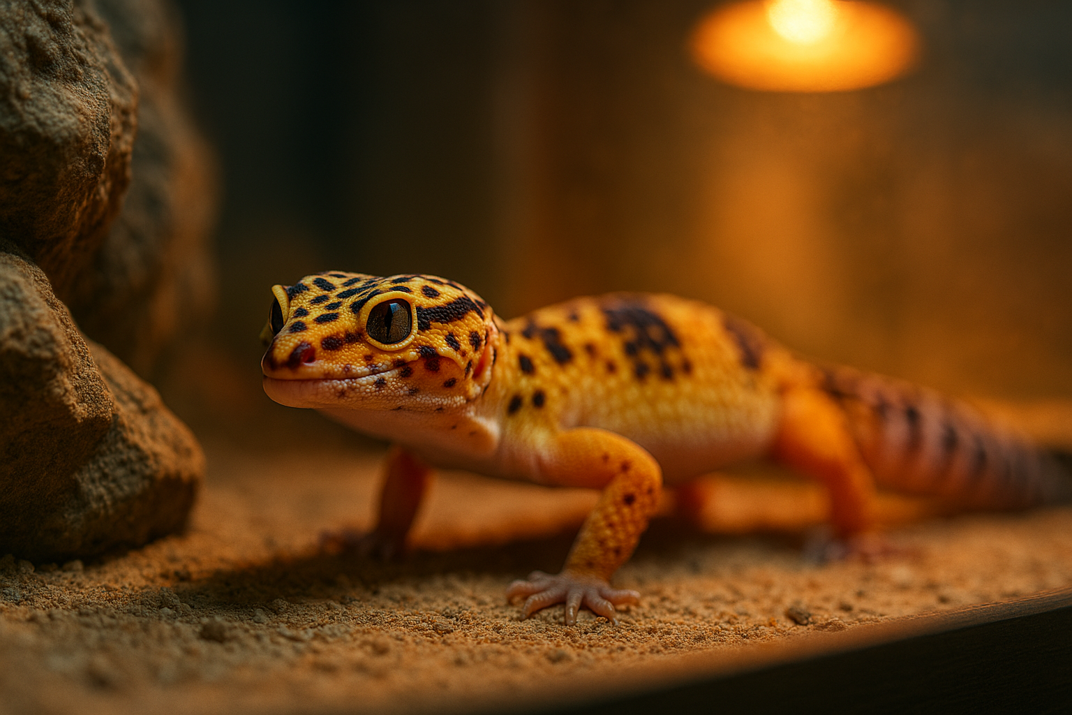 Leopard gecko resting inside a warm terrarium.